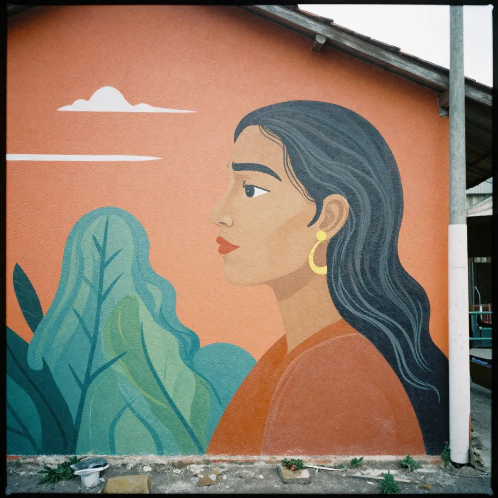 Artist working on large wall mural